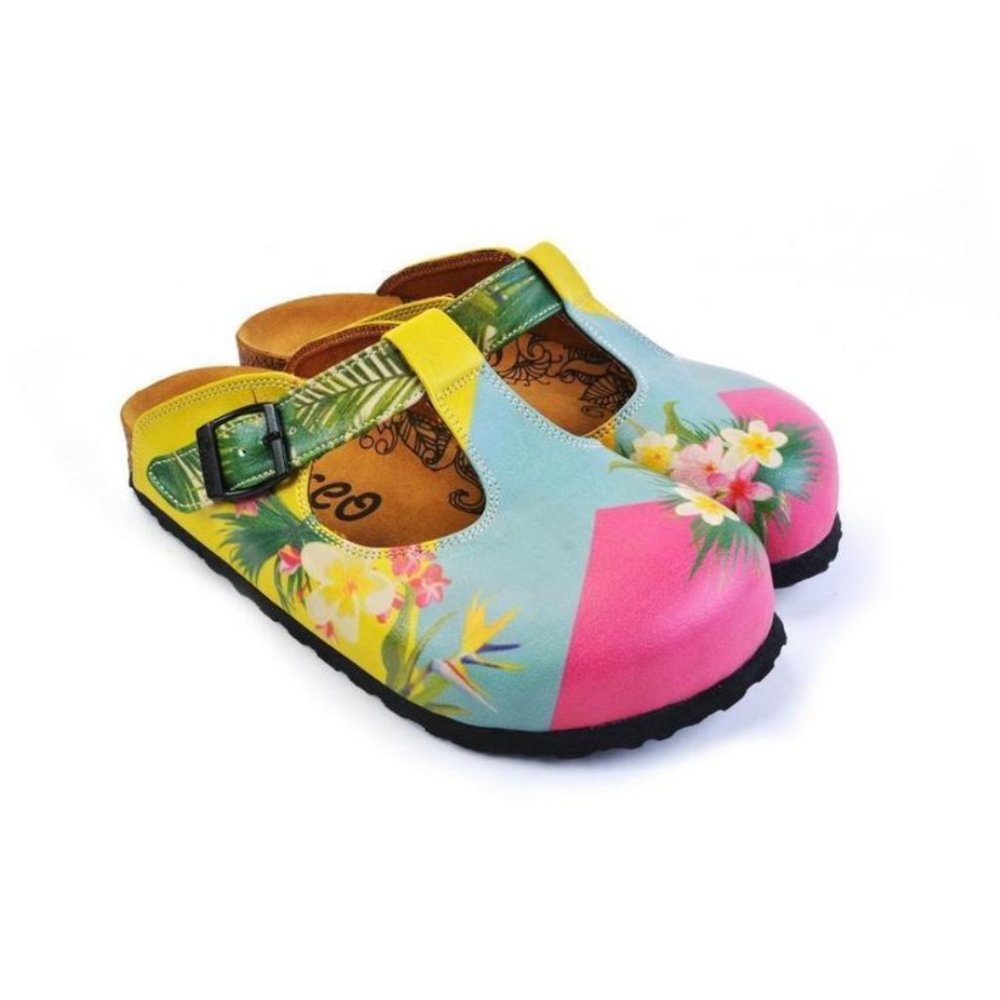 Blue & Pink Floral Color Block T-Strap Mule -  - Calceo Line of Goby Shoes - Picture 2 of 5